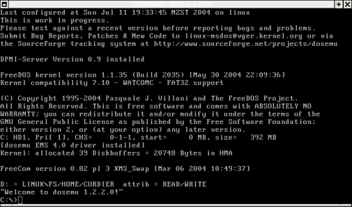 Screenshot of FreeDOS emulator
window